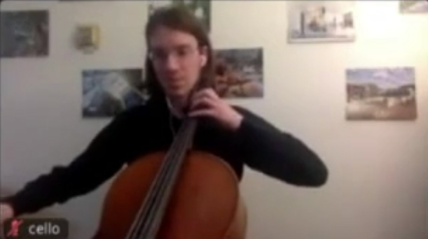 Stanford orchestra member using Jacktrip and recorded on Zoom